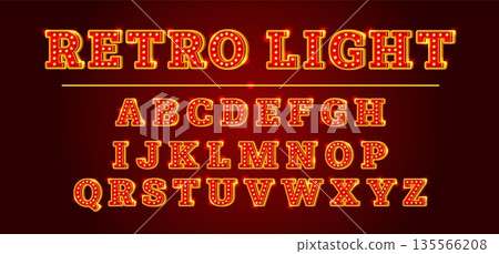 Bulb alphabet. Circus light font effect, retro cinema theater signage marquee lamp broadwey sign typography letters vintage neon casino signboard design, kicky vector illustration 135566208