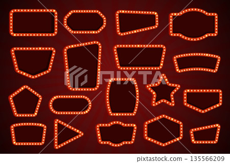 Retro cinema signboards. Vintage light box signages bulbs, movie theater vegas casino hollywood circus show theatre billboard night signboard frame shapes kicky vector illustration 135566209