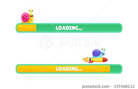 Snail loading bar. Load website line, fast internet speed concept slug moving on progress bar web computer ui slow waiting restart game level time cartoon kicky vector illustration Snail loading bar. Load website line, fast internet speed concept slug moving on progress bar web computer ui slow waiting restart game level time cartoon kicky vector illustration 135566212