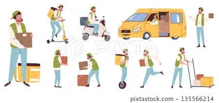 Delivery guy. Courier logistic service worker, deliver man postman holding freight box ride on transport scooter delivers shop orders, cartoon character classy vector illustration 135566214