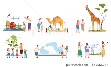 People in zoo. Family looking on exotic wild animals behind enclosure fences, parents kids summer weekend take selfie photo african savanna park visit, classy vector illustration 135566216