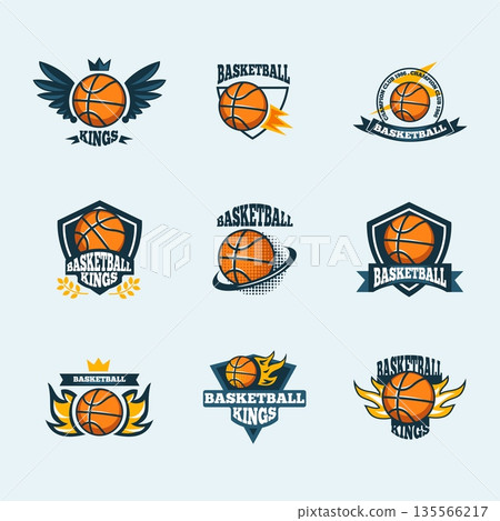 Basketball team logo. Professional basket ball club emblem, tournament championship logos icons playing game badges ball with basket hoop sign design set classy vector illustration 135566217