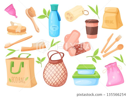 Zero waste items. Reusable products, nature elements kitchen utensils wood brush eco friendly lifestyle biodegradable product refuse plastic, cartoon set neat vector illustration Zero waste items. Reusable products, nature elements kitchen utensils wood brush eco friendly lifestyle biodegradable product refuse plastic, cartoon set neat vector illustration 135566254