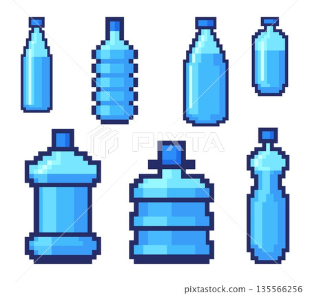 Pixel water bottles. Plastic bottle, mineral drink container 8 bit game pixelart vintage gaming icons, retro arcade machine assets aqua beverage containers neat vector illustration 135566256