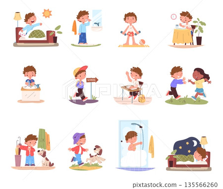 Boy daily routine. School kid day schedule, everyday regime morning toilet hygiene brushing teeth breakfast shower education play sleep child life time classy vector illustration Boy daily routine. School kid day schedule, everyday regime morning toilet hygiene brushing teeth breakfast shower education play sleep child life time classy vector illustration 135566260