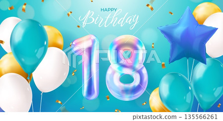Birthday balloons. 18 years happy birthday party banner invitation card poster, realistic golden balloon event decoration coming of age celebration, exact vector illustration Birthday balloons. 18 years happy birthday party banner invitation card poster, realistic golden balloon event decoration coming of age celebration, exact vector illustration 135566261