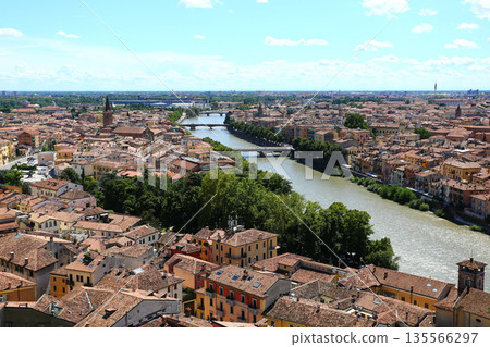 Travel photography of Verona with churches, towers and river 135566297