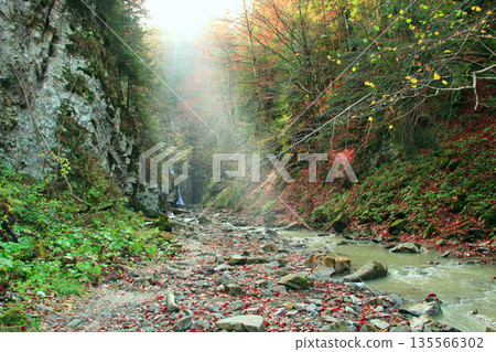 Autumnal landscape in mountains with river. Mountainous river Autumnal landscape in mountains with river. Mountainous river 135566302