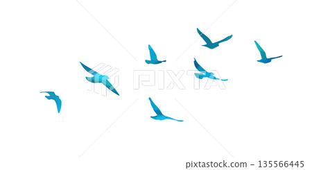 Flying birds blue silhouette flock. hand drawing. Not AI. Vector illustration Flying birds blue silhouette flock. hand drawing. Not AI. Vector illustration 135566445