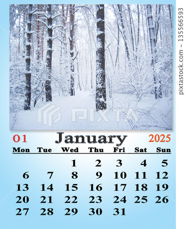 calendar for January 2025 with image of winter forest. January calendar calendar for January 2025 with image of winter forest. January calendar 135566593