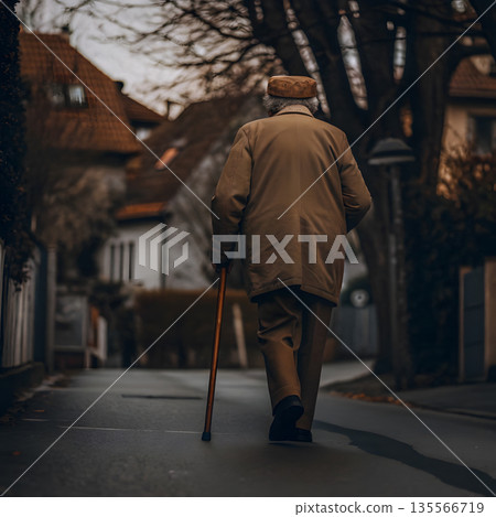 Senior Man Walking with Walking Stick in Residential Neighborhood Senior Man Walking with Walking Stick in Residential Neighborhood 135566719