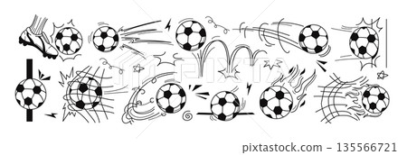 Hand drawn sport soccer balls motion doodles and bounce line effects Hand drawn sport soccer balls motion doodles and bounce line effects 135566721