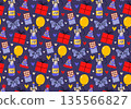 Cute seamless Birthday pattern. Party print with festive bows, gift boxes, party hats, bottles of champagne, chocolate bars, balloons, hearts. Wrapping paper decor. Making party paper, decoration. 135566827