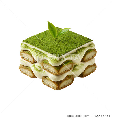 Modern dessert, matcha green tea tiramisu, layered with cream and dusted with powder, isolated on a transparent background Modern dessert, matcha green tea tiramisu, layered with cream and dusted with powder, isolated on a transparent background 135566833