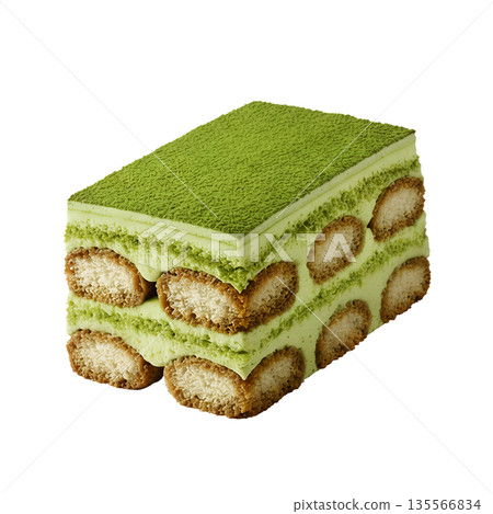 Delicious fusion dessert of matcha tiramisu, featuring the iconic green layers, perfect for food blogs, cafe menus, and japanese-inspired sweets 135566834