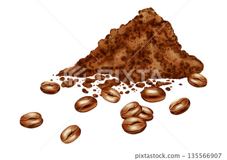 Watercolor illustration of ground coffee and coffee beans. Illustrations for coffee shops, cafes, packaging, menus, and product design. 135566907