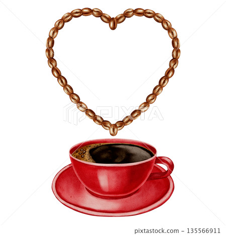 Watercolor illustration of a heart made of roasted coffee beans and a cup of black coffee. Love for coffee. Heart. Illustrations for coffee shops, cafes, packaging, menus, and product design. 135566911