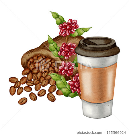 Watercolor illustration of a jute bag with roasted coffee beans and a cup of black coffee. Coffee to go. Illustrations for coffee shops, cafes, packaging, menus, and product design. 135566924