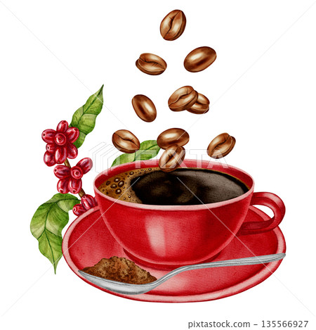 Watercolor coffee cup with coffee beans. Coffee cherries. Espresso. Illustrations for coffee shops, cafes, packaging, menus, and product design. 135566927