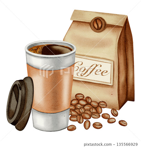 Watercolor illustration of a takeaway paper coffee cup. Coffee to go. Coffee beans and a craft coffee bag. Illustrations for coffee shops, cafes, packaging, menus, and product design. Watercolor illustration of a takeaway paper coffee cup. Coffee to go. Coffee beans and a craft coffee bag. Illustrations for coffee shops, cafes, packaging, menus, and product design. 135566929