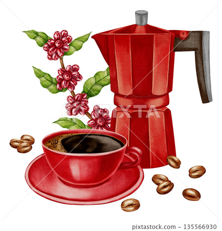 Watercolor illustration of a coffee cup with coffee beans, a red geyser coffee machine, and coffee berries. Illustrations for coffee shops, cafes, packaging, menus, and product design. 135566930