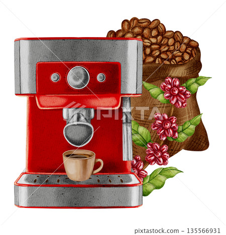 Watercolor illustration of a coffee machine with a cup and a jute bag of roasted coffee beans. Illustrations for coffee shops, cafes, packaging, menus, and product design. 135566931