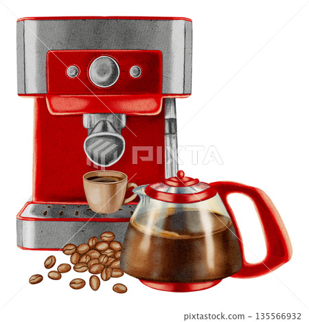 Watercolor illustration of a coffee machine with a cup, coffee beans, and a red coffee pot. Illustrations for coffee shops, cafes, packaging, menus, and product design. 135566932
