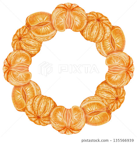 Mandarin Orange and Leaf Wreath. Watercolor illustration of a circular wreath featuring peeled and unpeeled mandarins. Perfect for New Year's designs, packaging, menus, branding, and food packaging Mandarin Orange and Leaf Wreath. Watercolor illustration of a circular wreath featuring peeled and unpeeled mandarins. Perfect for New Year's designs, packaging, menus, branding, and food packaging 135566939