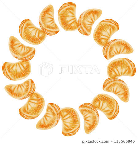 Mandarin Orange Wreath. Watercolor illustration of a round wreath with mandarin orange slices. Perfect for New Year's designs, packaging, menus, branding, and food packaging. Mandarin Orange Wreath. Watercolor illustration of a round wreath with mandarin orange slices. Perfect for New Year's designs, packaging, menus, branding, and food packaging. 135566940