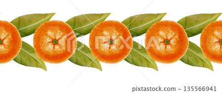 Seamless border of tangerines and leaves. Watercolor illustration of a border featuring peeled and unpeeled tangerines. Perfect for New Year's designs, packaging, menus, branding, and food packaging 135566941