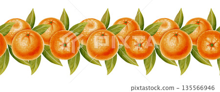 Seamless border of tangerines and leaves. Watercolor illustration of a border featuring peeled and unpeeled tangerines. Perfect for New Year's designs, packaging, menus, branding, and food packaging Seamless border of tangerines and leaves. Watercolor illustration of a border featuring peeled and unpeeled tangerines. Perfect for New Year's designs, packaging, menus, branding, and food packaging 135566946