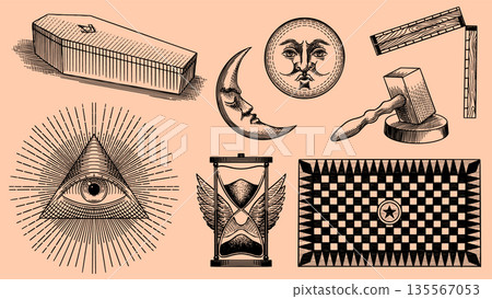 Freemason and Mason symbols. Illuminati and brotherhood elements. Eye of Providence, all seeing logo Freemason and Mason symbols. Illuminati and brotherhood elements. Eye of Providence, all seeing logo 135567053