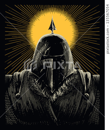 Medieval or renaissance knight in helmet standing in front of shining moon for festival poster of 135567054