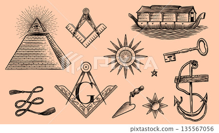 Freemason and Mason symbols. Illuminati and secret union or brotherhood elements. Eye of Providence Freemason and Mason symbols. Illuminati and secret union or brotherhood elements. Eye of Providence 135567056