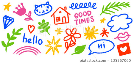 Grunge crayon kids scribble elements. Hand drawn colourful doodles with house, cat, cloud and flower Grunge crayon kids scribble elements. Hand drawn colourful doodles with house, cat, cloud and flower 135567060