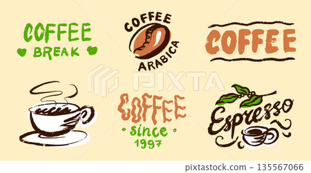 Coffee emblems logo and lettering for your coffee brand. Espresso and coffee bean, arabica flavour 135567066