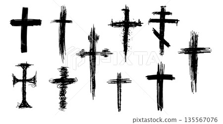 Christian cross grunge symbol hand brush painted. Crucifix catholic and orthodox. Jesus sign for 135567076