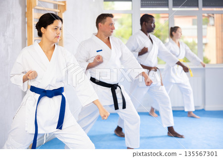 Group of multinational people in kimonos try new fighting techniques at karate lessons Group of multinational people in kimonos try new fighting techniques at karate lessons 135567301