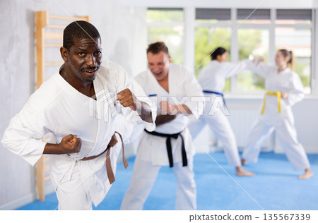 Multinational pupils train to perform defensive karate installations and attacking combat techniques Multinational pupils train to perform defensive karate installations and attacking combat techniques 135567339
