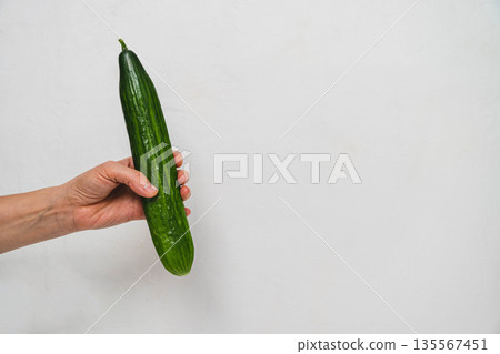 Hand holding a fresh green cucumber against a plain white background with ample copy space for text or design elements in a minimalistic style Hand holding a fresh green cucumber against a plain white background with ample copy space for text or design elements in a minimalistic style 135567451
