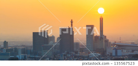 Aerial view of Saitama New Urban Center and the sunset in Saitama City, Saitama Prefecture Aerial view of Saitama New Urban Center and the sunset in Saitama City, Saitama Prefecture 135567523