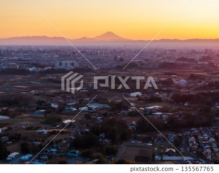 Aerial view of Mt. Fuji from the Minuma rice fields in Saitama Prefecture, Saitama City 135567765