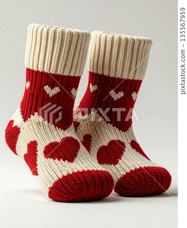 Pair of Knitted Socks with Hearts Pattern Against a Soft White Background 135567959