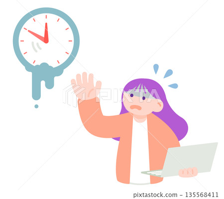 時間消逝的畫面：一個正在融化的鐘錶和一個匆忙在電腦前工作的女人 135568411