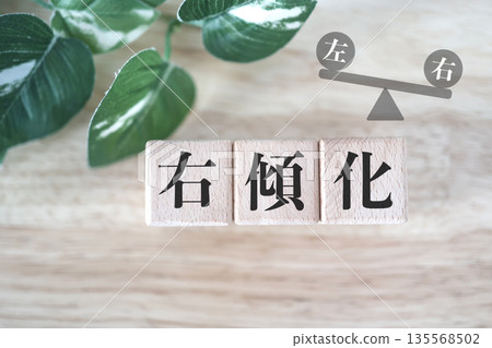 A wooden block indicating a right tilt and a seesaw tilting to the right. 135568502