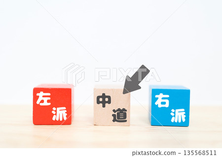 Arrow and wooden block showing the middle path. A concept between left and right. 135568511