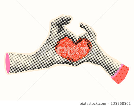 Cute Halftone Collage with Mom and Child Hands Making A Heart Shape, Mother Background for Mother's Day 135568561