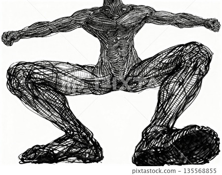Anatomical ink drawing of muscular man with arms wide open detailed linework exposing muscle structure in symbolic open pose 135568855
