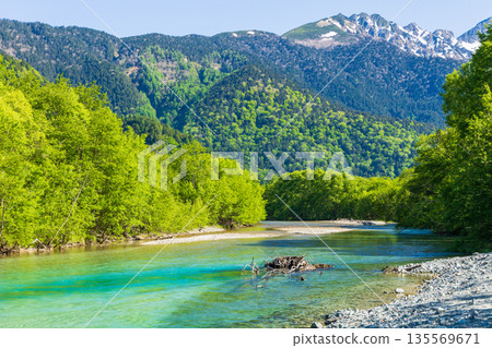 Kamikochi, one of Japan's leading mountain resorts, amidst fresh greenery 135569671