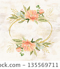 Peach peonies, eucalyptus, gold oval accents on beige textured background. Hand-painted watercolor floral frame. Ideal for wedding invitations, stationery layouts, branding and elegant card designs. 135569711